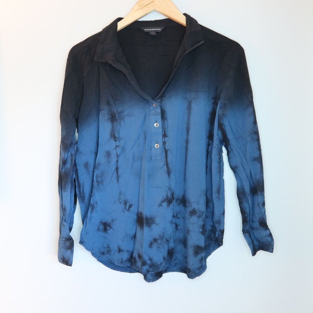 Rock & Republic Womens M Tie Dye Ombre Henley Blouse Top Long Sleeve Blue Black